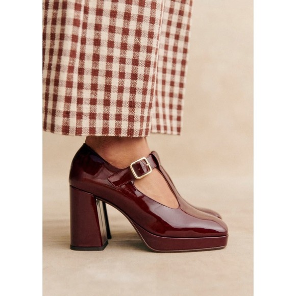 Mary Jane Shoes - Sezane Monique Mary Jane Heels Burgundy Patent Leather Platform Pumps EU 39